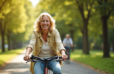 Happy smiling mature woman rides bicycle in green park. Middle-aged female enjoys bike ride, outdoor sport, active lifestyle. Beautiful, joyful, cheerful woman on sunny day in summer.