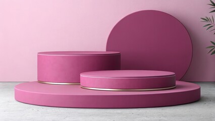 Modern Minimalist Pink Product Display: Two Cylindrical Platforms with Gold Accents, Elegant Studio Backdrop, Concrete Floor, and Subtle Plant Detail.