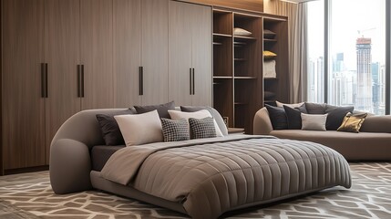 Cozy modern brown bedroom with sculpted grey sofa, full front view of bed with pillows, geometric carpet, natural-tone floor finish, large wardrobe, and full-frame city window