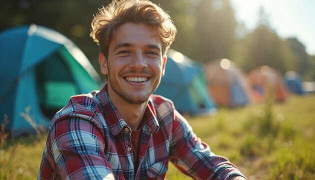 Smiling young man enjoying camping atmosphere. Happy guy sits on grass near tent. Summer adventure outdoor leisure, travel, happiness and weekend relaxation. Joyful lifestyle in nature. - Powered by Adobe
