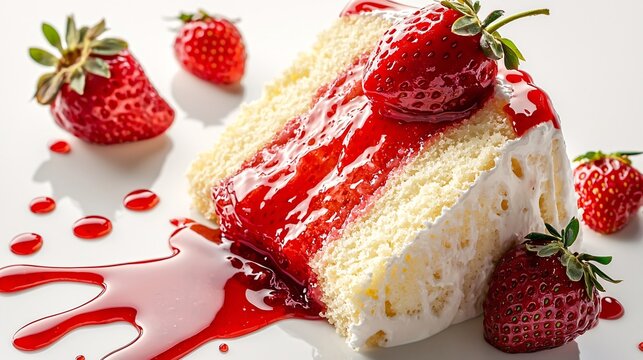 Strawberry sauce splashing onto a slice of sponge cake, its bright red gloss creating a playful and inviting dessert, isolated on white background, - Powered by Adobe