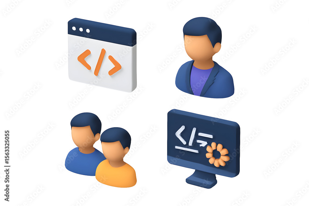 Poster four 3d icons depict code/dev window, single and pair avatar, and a pc monitor