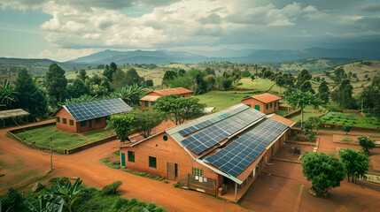 Rural community buildings equipped with solar panels nestled in a green landscape, showcasing sustainability and renewable energy adoption.