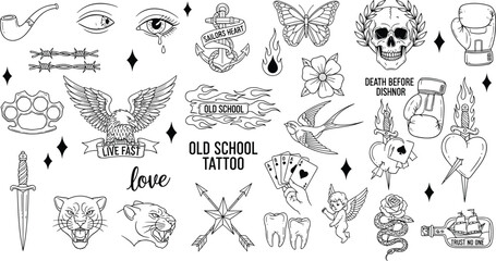 Classic old school tattoos, black and white images of vintage american old school tattoos for sailors, gangsters, hipsters. Black and white outline stickers with Classic retro lettering. 