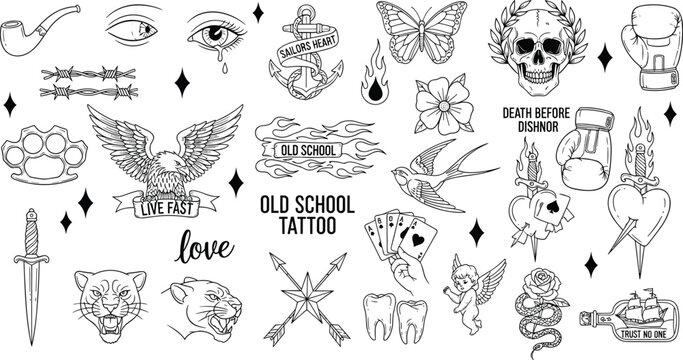 Classic old school tattoos, black and white images of vintage american old school tattoos for sailors, gangsters, hipsters. Black and white outline stickers with Classic retro lettering. 