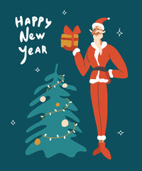 Smiling Santa Claus standing near christmas tree holding gift box in hand. Holiday vector postcard and phrase Happy new year. Festive xmas illustration, template greeting card, isolated design element