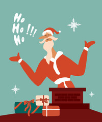 Cheerful Santa Claus peeking out of house chimney throwing up his hands saying phrase hohoho. Holiday vector postcard. Festive xmas illustration, greeting card with gift box, isolated design element