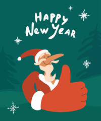 Santa Claus showing thumb up finger gesture against backdrop of forest and phrase Happy New Year. Holiday vector postcard. Festive xmas illustration, template greeting card, isolated design element