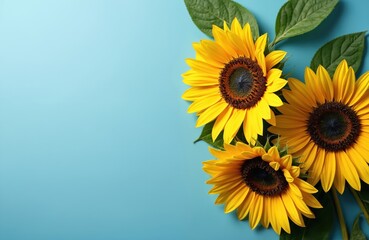 Overhead view sunflowers on blue background. Bright yellow petals, green leaves, blue space. Floral nature design for postcard, wallpaper, advertising. Blooms, sunny weather, summer harvest, fresh