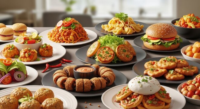 Culinary Delights: An array of mouthwatering dishes elegantly presented, showcasing the artistry and diversity of global cuisine. This culinary masterpiece tantalizes the taste buds.