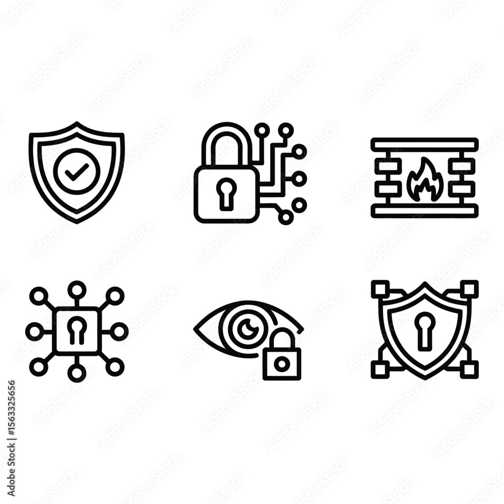 Poster cybersecurity icon set modern line art graphics for data protection network security and privacy con