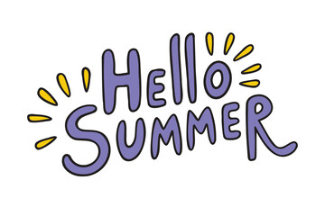  Hand drawn Hello Summer purple scribble lettering with yellow sunburst doodles on white background colorful typography