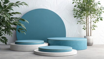 Serene teal and white product display podium with lush green plants, minimalist modern design, clean and calming aesthetic, perfect for showcasing beauty or lifestyle products.