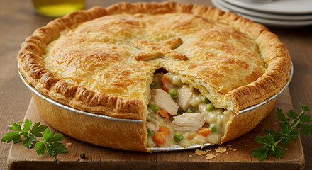A golden brown chicken pot pie with a slice removed on a wooden board ready to be served for dinner