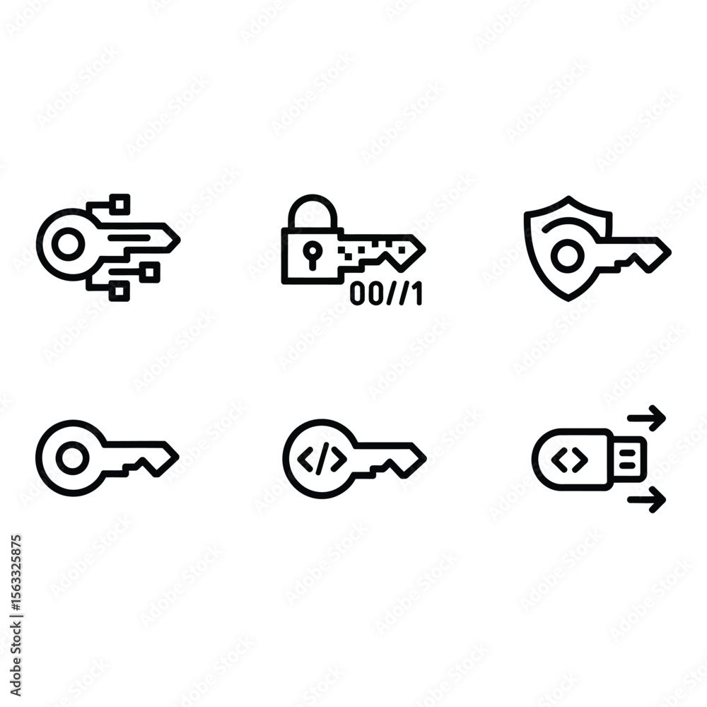 Poster cybersecurity key icons digital access data protection and secure code line art set