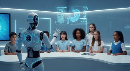 AI Educator and Curious Minds: A cutting-edge AI robot addresses a group of diverse children in a futuristic classroom.