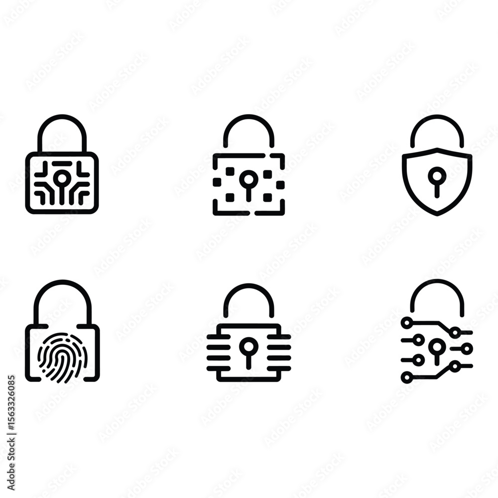 Poster cybersecurity padlock icons modern minimalist line art graphics for digital security privacy and dat