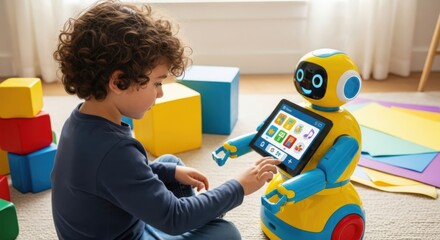 Digital Playdate: A young child engages with a colorful robot companion, interacting with a tablet and exploring the exciting possibilities of interactive learning and digital play.