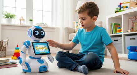 Boy and Robot Interaction: A young boy leans in with gentle curiosity, interacting with a sleek white and blue robot in a bright living space, reflecting future of technology and human interaction.