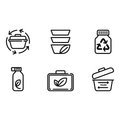 Eco Friendly Reusable Food Containers Line Icons Set Sustainable Lifestyle Recycling Symbols Minimalist Design Clean Style