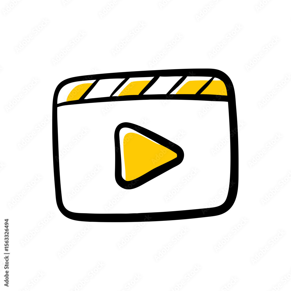 Poster this lively doodle icon features a play button on a video player interface with a clapboard top, per