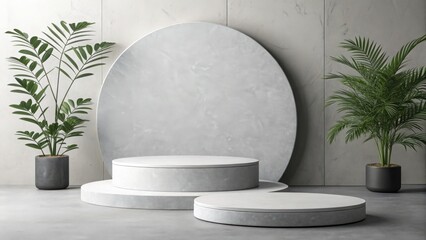 Modern minimalist product display featuring three-tiered concrete podium, lush tropical plants, and a large circular grey backdrop against a textured wall.