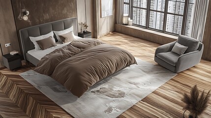 Cozy retreat room in warm brown with linen-rich bed layout, wide floor rug, modern grey armchair-style sofa, marble wood floor and city windows