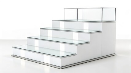 Modern white tiered display with glass shelves and a sleek chrome base; perfect for showcasing products, jewelry, or cosmetics in a clean, minimalist retail setting.