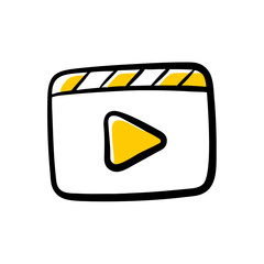 This lively doodle icon features a play button on a video player interface with a clapboard top, perfect for websites and blogs about video content, film, or multimedia production.


