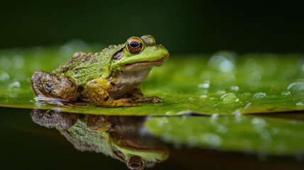 Obraz premium Close Up of a Frog on a Lily Pad After the Rain