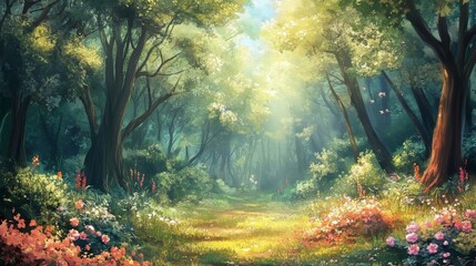 Beautiful forest in spring with bright sunlight shining through the trees