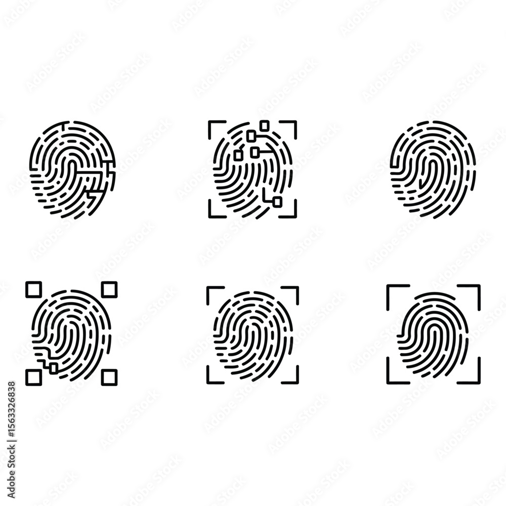 Poster fingerprint scan icons modern minimalist line art graphics for security biometrics and technology