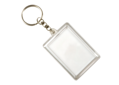  empty clear plastic rectangle keychain fob with me isolated on white background PNG, ai generated