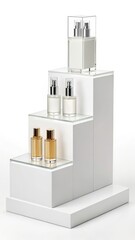 Modern perfume bottles displayed on a minimalist white tiered display stand, showcasing elegant silver and gold accents, clean aesthetic, luxury product presentation, commercial photography.