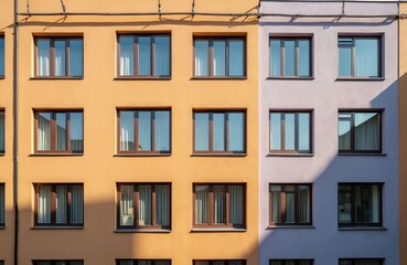 Fototapeta premium Modern urban building facade with many windows. Exterior architecture showcases symmetry, various shapes. Front view of apartment building with yellow and purple walls, brown frames. Day sunlight.