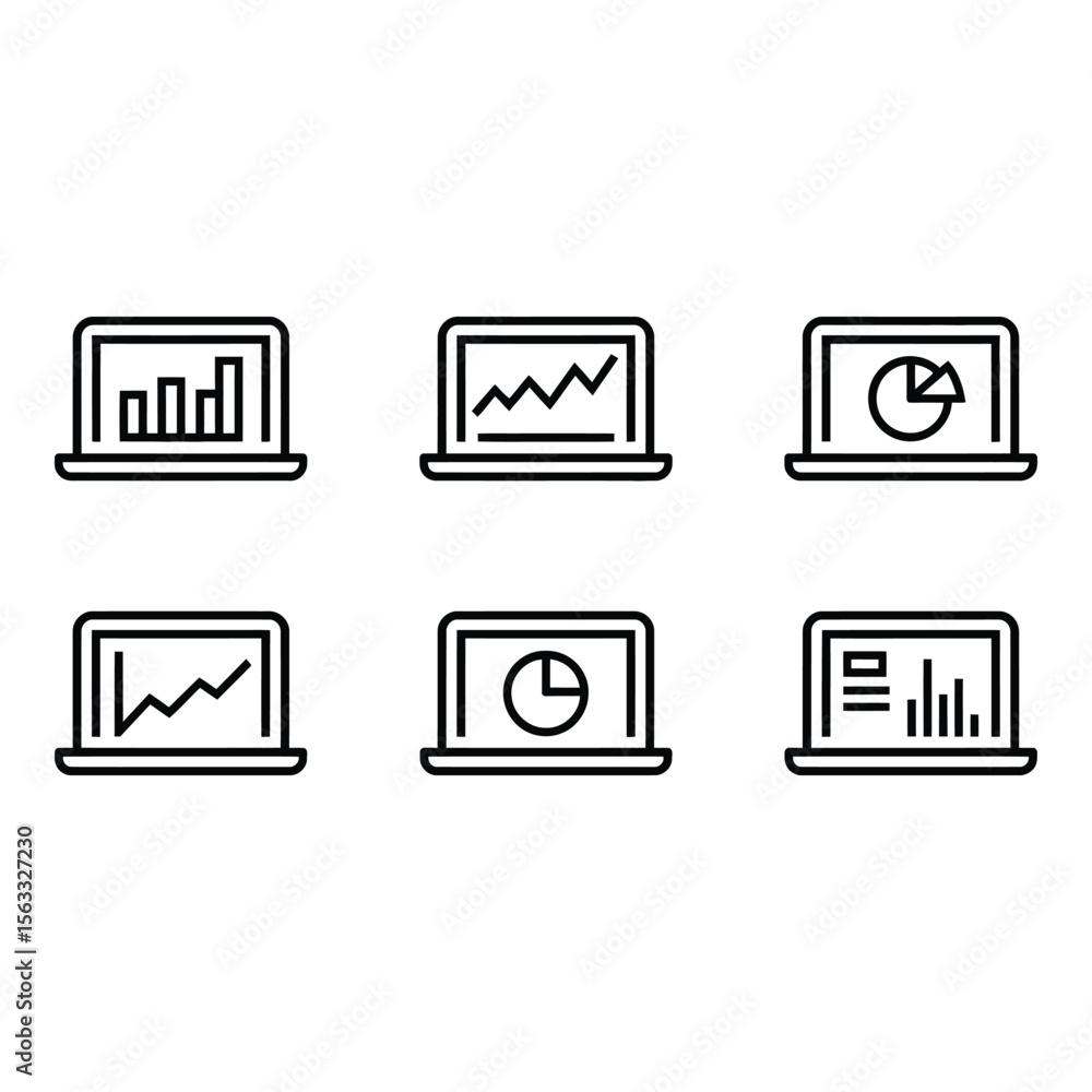 Poster laptop screen icons bar line and pie charts data analysis business graphics modern minimalist style 