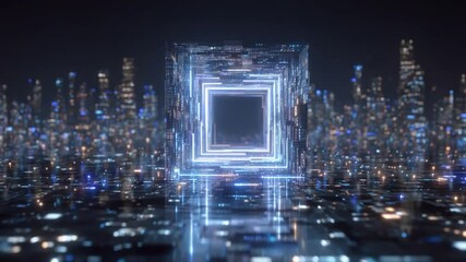 Abstract futuristic city with glowing portals, representing technology and innovation - Powered by Adobe