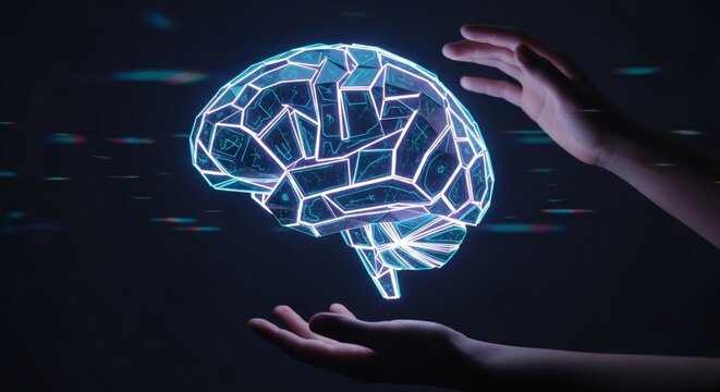 artificial intelligence brain technology with human hands holding a glowing digital mind in futuristic setting - Powered by Adobe