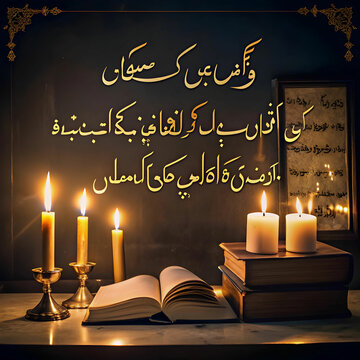 dark academia room with urdu calligraphy and cand