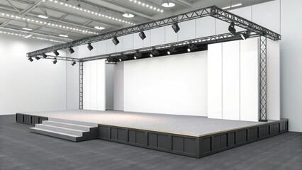 Modern minimalist empty stage with gray carpet, black platform, and overhead lighting;  clean, bright, spacious event venue; perfect for presentations, fashion shows, or product launches.