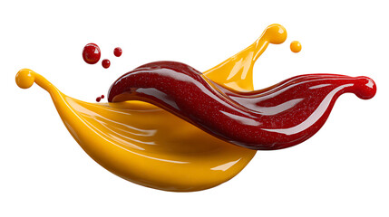 Dynamic splash of glossy red and vibrant yellow liquid paint with small droplets isolated on transparent background