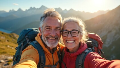 Smiling senior couple taking selfie mountain summit. Happy hikers enjoy active retirement, travel vacation, explore outdoor adventures. Smiling seniors, bonding memory, love, peaceful landscape, good