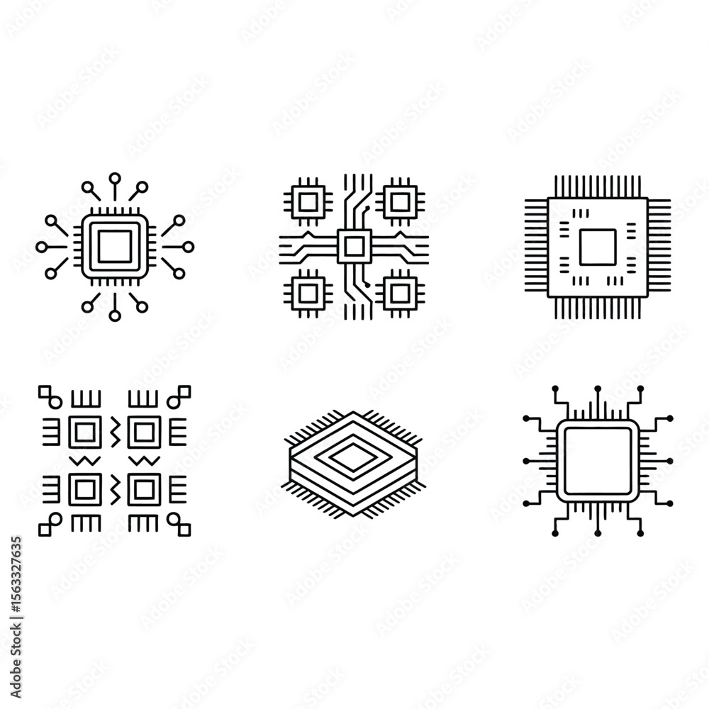 Aufkleber microchip technology modern line art icons set clean minimalist design abstract network concept