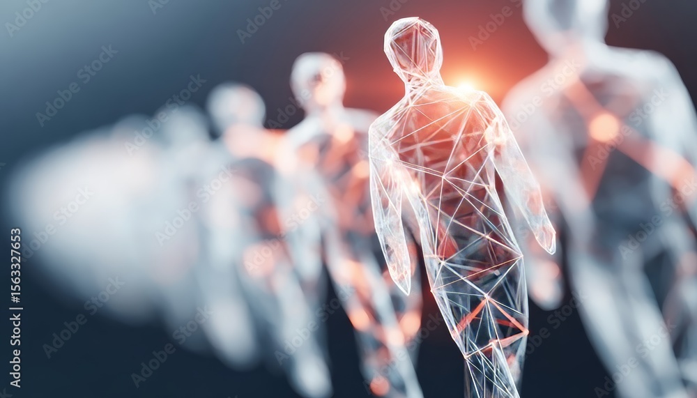 Poster abstract human figures interconnected in a futuristic network illustrating global business dynamics