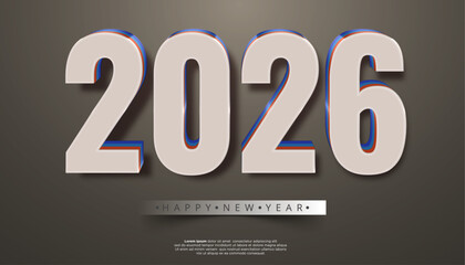 3D white numbers 2026 with red and blue borders on a gray background with text Happy New Year
