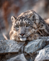 Obraz premium Snow Leopard Close Up: Resting on Rock in Winter