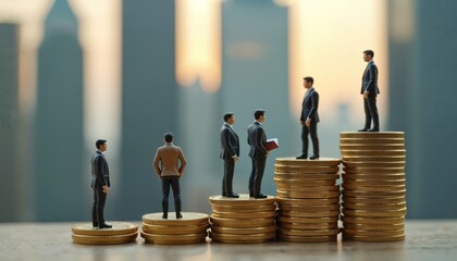 Miniature figures stand on coin stacks. Symbols of financial diversity wealth distribution power in society. Concept of finance money economy. Economic disparity business success