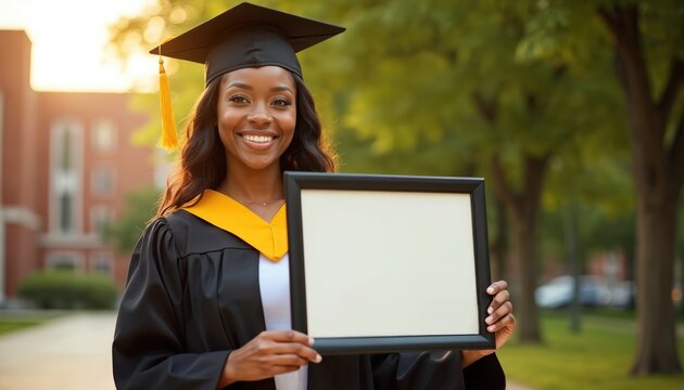 Happy graduate in cap and gown holding framed diploma on campus. Smiling student celebrates success. Education, achievement, career and future concepts. Black female, college graduation day.