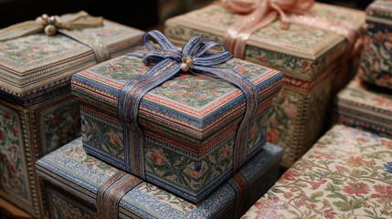 A joyful pile of colorful gift boxes tied with playful ribbons, evoking childhood excitement and wonder.