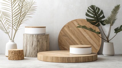 Modern minimalist product display featuring organic wooden platforms, white cylindrical containers, and lush tropical foliage against a neutral textured backdrop.